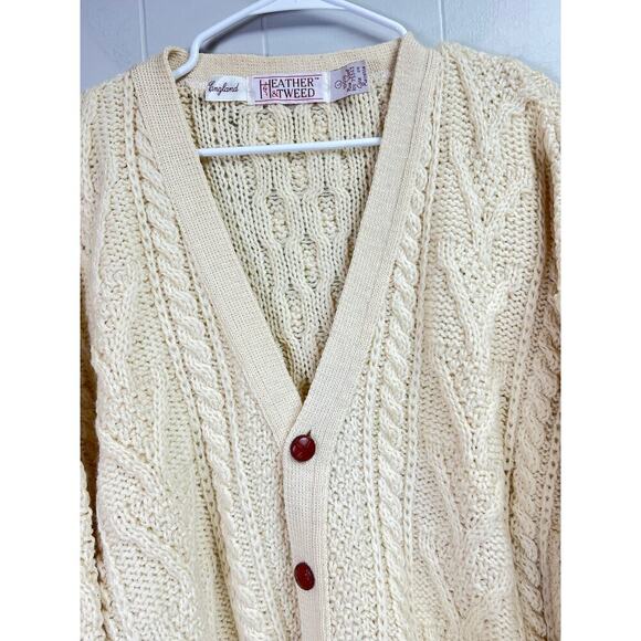 Heather & Tweed Fisherman's Cream Cable Knit Wool Button Cardigan Sweater Large - Picture 5 of 11